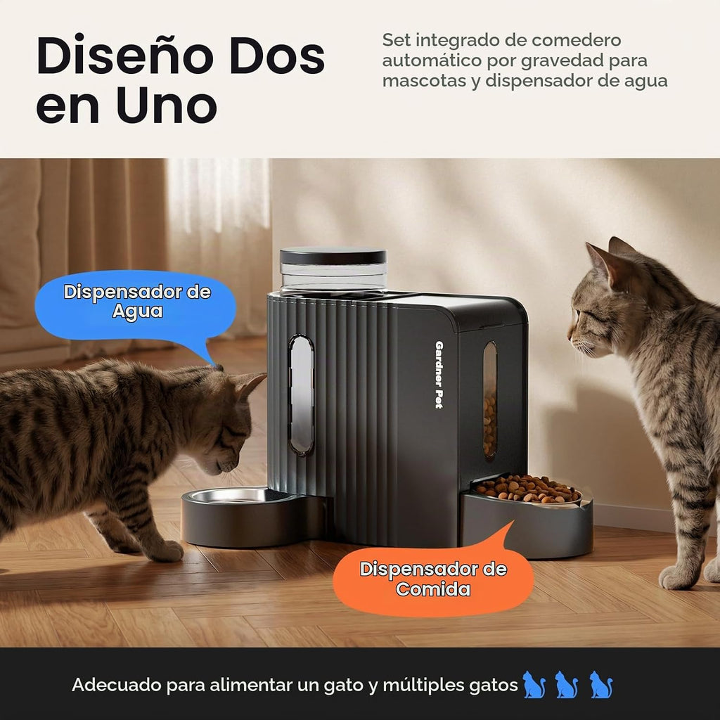 Comedero automático por gravedad para gatos, juego dispensador de agua y alimento, tazones de acero inoxidable