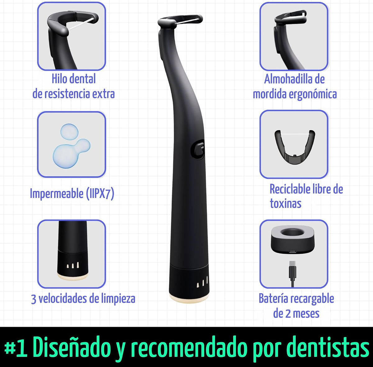 Flosser eléctrico FLAUS - Tejido extra fuerte - Removedor de placa...