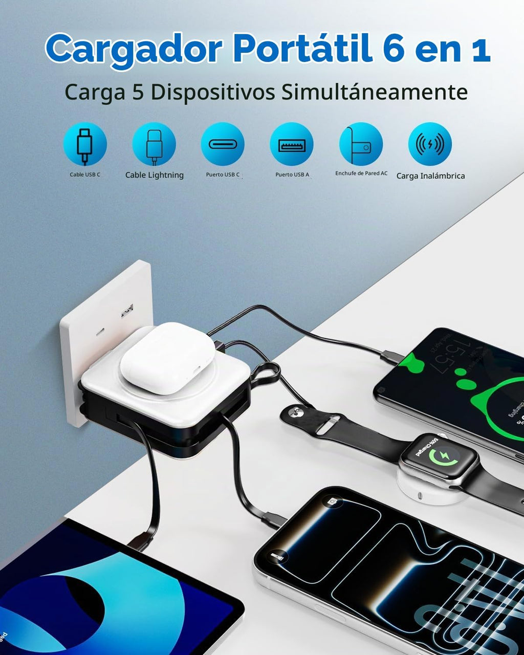 10000mAh para cargador portátil Magsafe Cables integrados y enchufe, Blanco