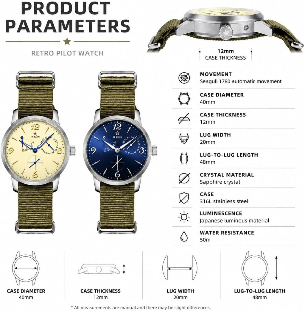 SEAKOSS Reloj piloto vintage inspirado en 1963 de 1.575 in para hombre, reloj de pulsera mecánico automático con movimiento Seagull ST1780, indicador de reserva de marcha, visualización de la fecha