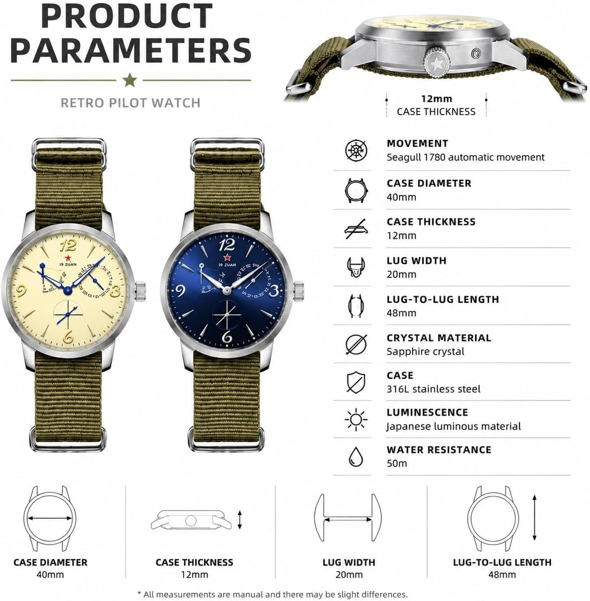 SEAKOSS Reloj piloto vintage inspirado en 1963 de 1.575 in para hombre, reloj de pulsera mecánico automático con movimiento Seagull ST1780, indicador de reserva de marcha, visualización de la fecha