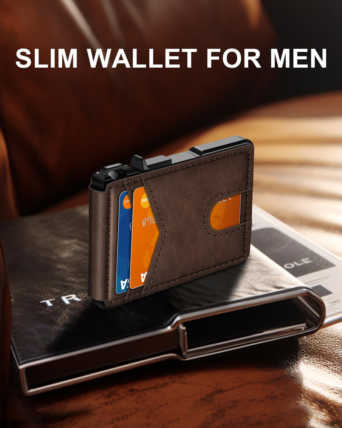 Cartera minimalista para hombre 9-13 tarjetas RFID bloqueo cartera delgada, Mezcla marrón