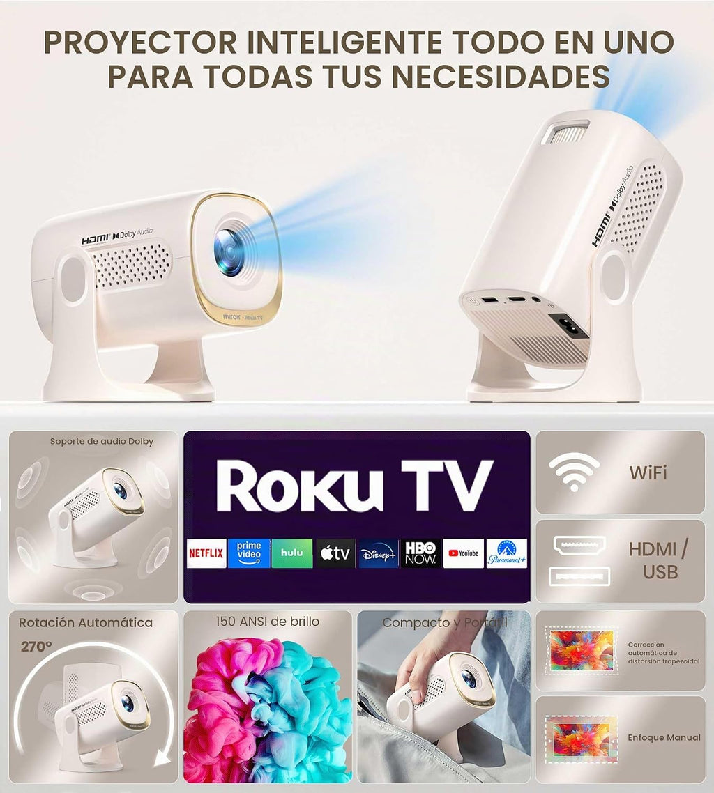 Miroir Mini proyector, proyector HD para el hogar con altavoz integrado, enfoque automático, corrección Keystone, portátil para películas al aire libre, compatible con smartphone, TV Stick, laptop
