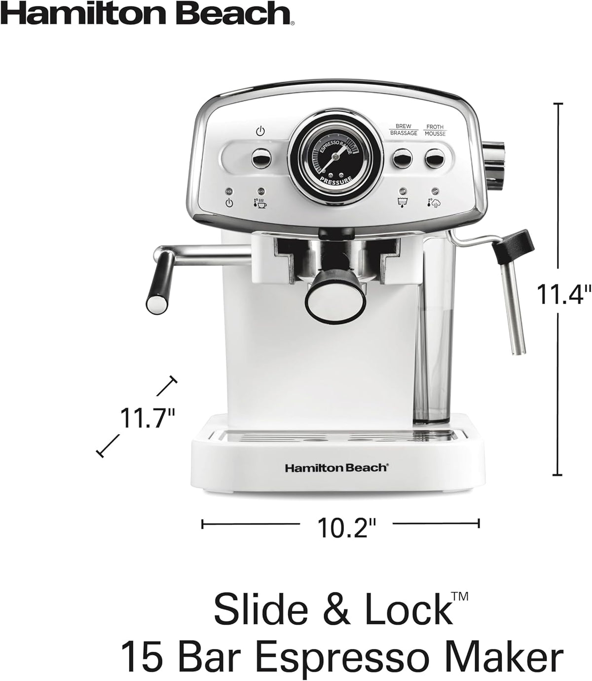 Hamilton Beach Slide & Lock - Máquina de café expreso con espumador de leche, varita de vapor para capuchino y café con leche, bomba de 15 barras y dos boquillas, depósito extraíble, compacto, diseño
