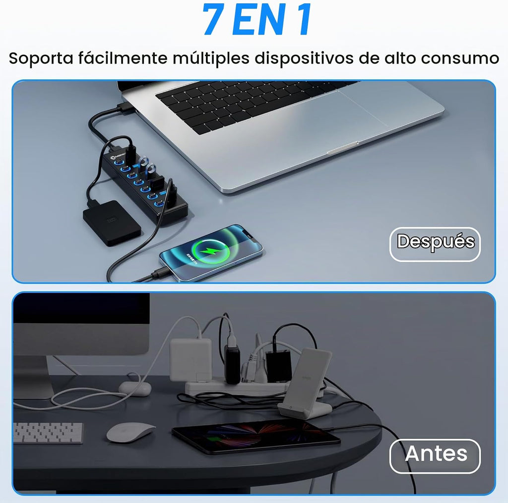 MENKSIDㅤ, hub USB 3.2 de 7 puertos, alimentado