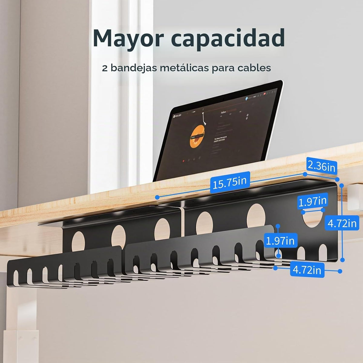 Delamu Paquete de 2 bandejas metálicas para organizar cables debajo del