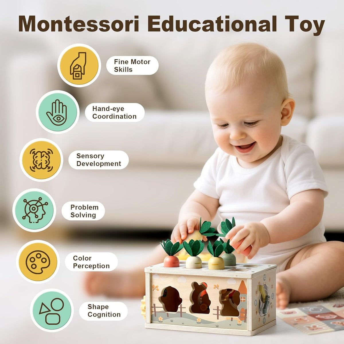 Joyreal - Caja de pañuelos Montessori 8 en 1, juguetes para más de 1 año, cubo de actividades de madera