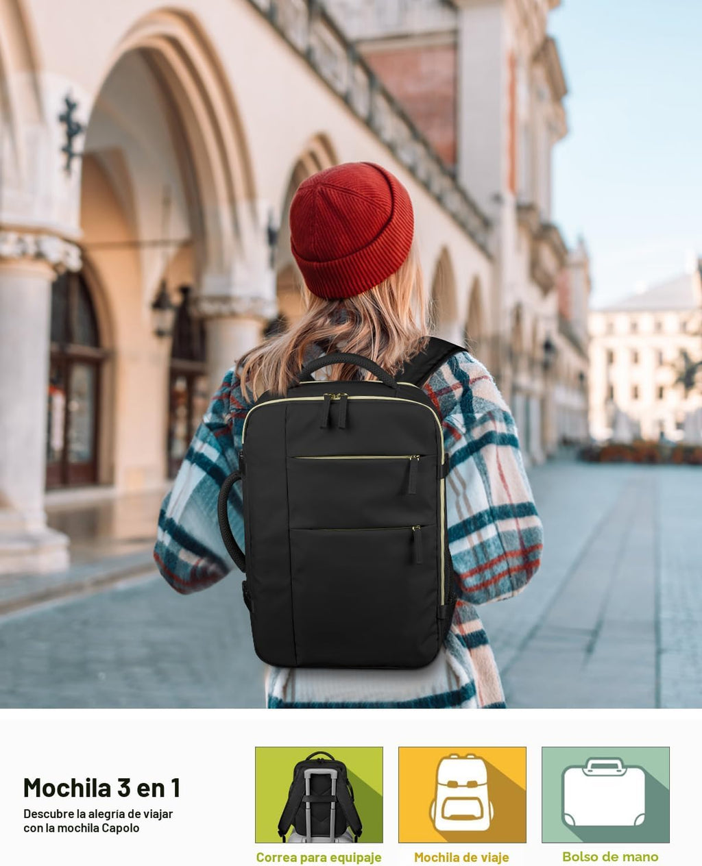 Mochila de viaje Capolo para mujeres y hombres, Negro, 15,6 pulgadas