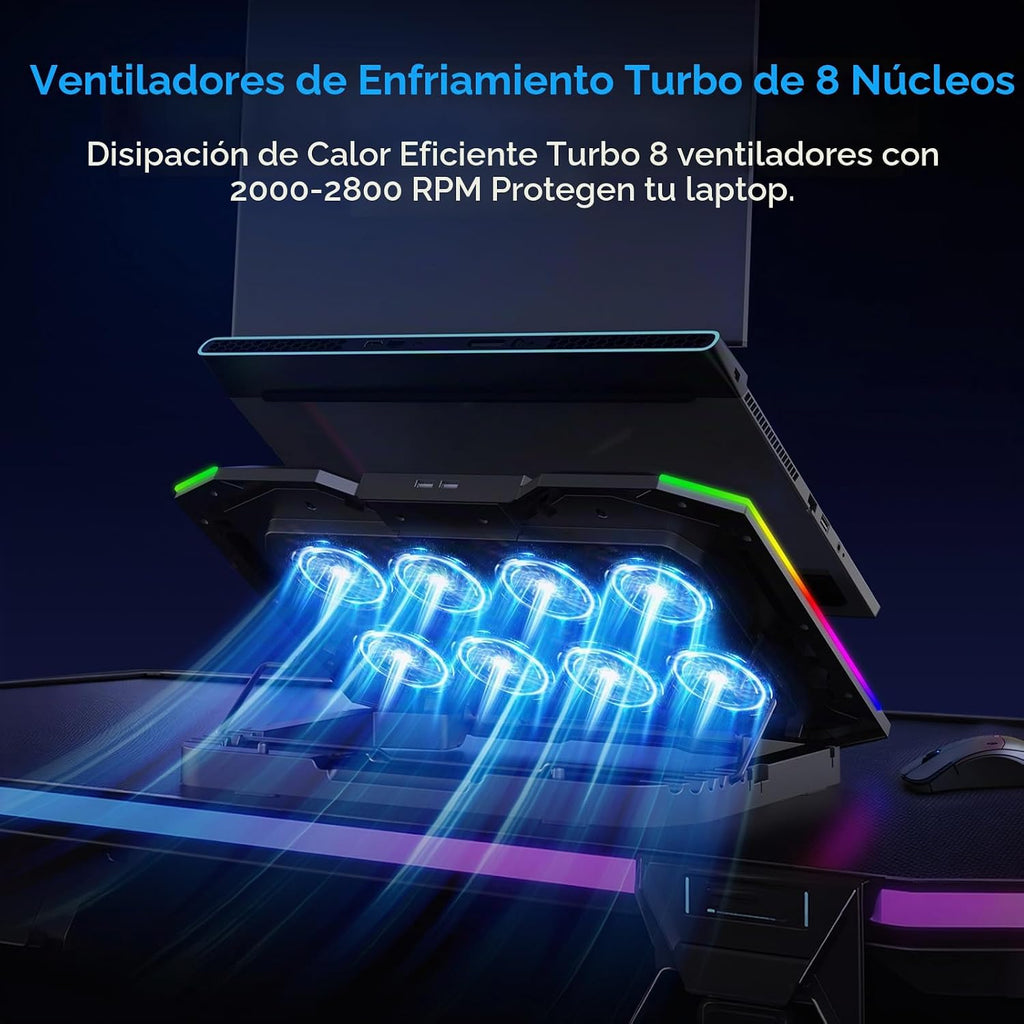 Almohadilla de refrigeración para laptop gaming con 8 ventiladores de refrigeración, almohadilla enfriadora de ventilador para laptop de 15 a 17.3 pulgadas, soporte enfriador para notebook