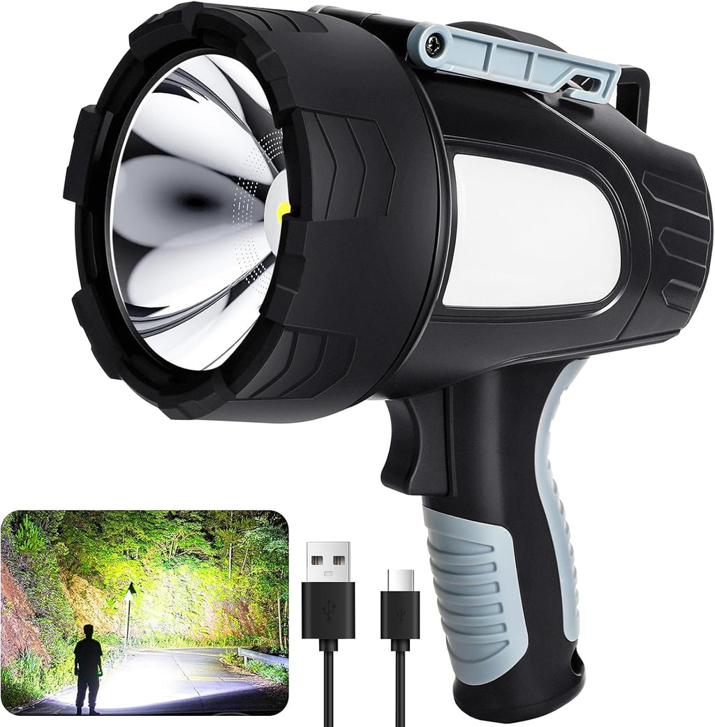 Linterna de foco recargable, 99,000 lúmenes, proyector LED súper brillante con 6 modos y trípode plegable, potente luz puntual de 30 horas de larga duración, luz de punto de mano para navegación al aire libre
