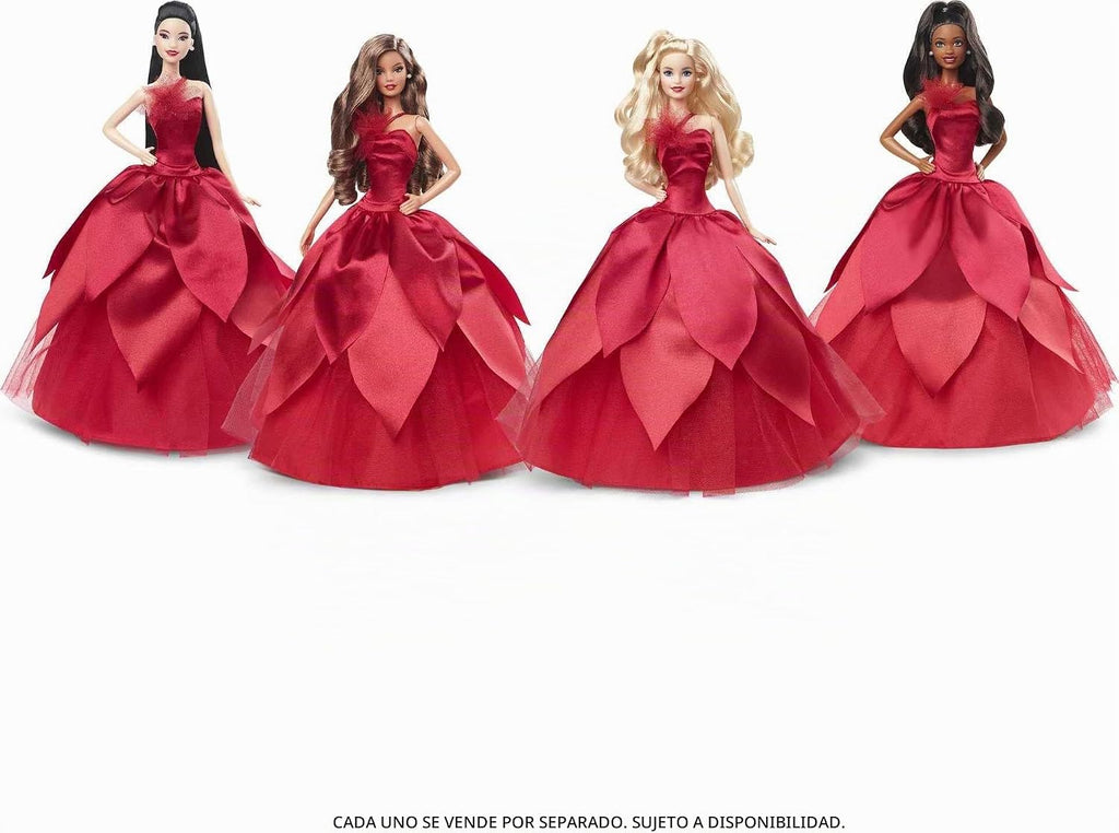 Muñeca Barbie Signature 2022 de festividades, cabello rubio ondulado con vestido rojo inspirado en la flor de Nochebuena, colección coleccionable con soporte para muñeca y certificado de autenticidad