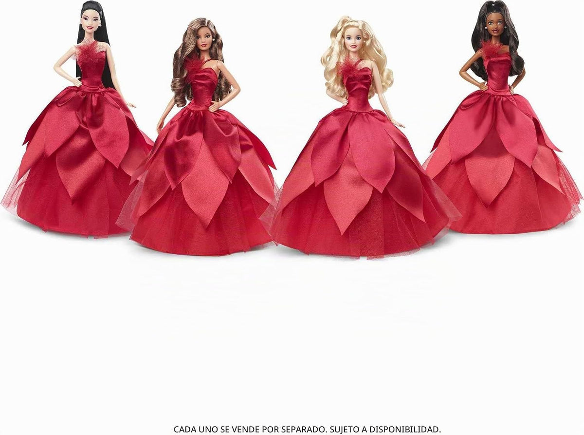 Muñeca Barbie Signature 2022 de festividades, cabello rubio ondulado con vestido rojo inspirado en la flor de Nochebuena, colección coleccionable con soporte para muñeca y certificado de autenticidad