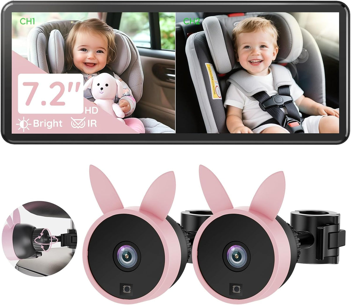Babyvue BV3 MAX Cámara dual para coche de bebé para 2 niños, pantal...