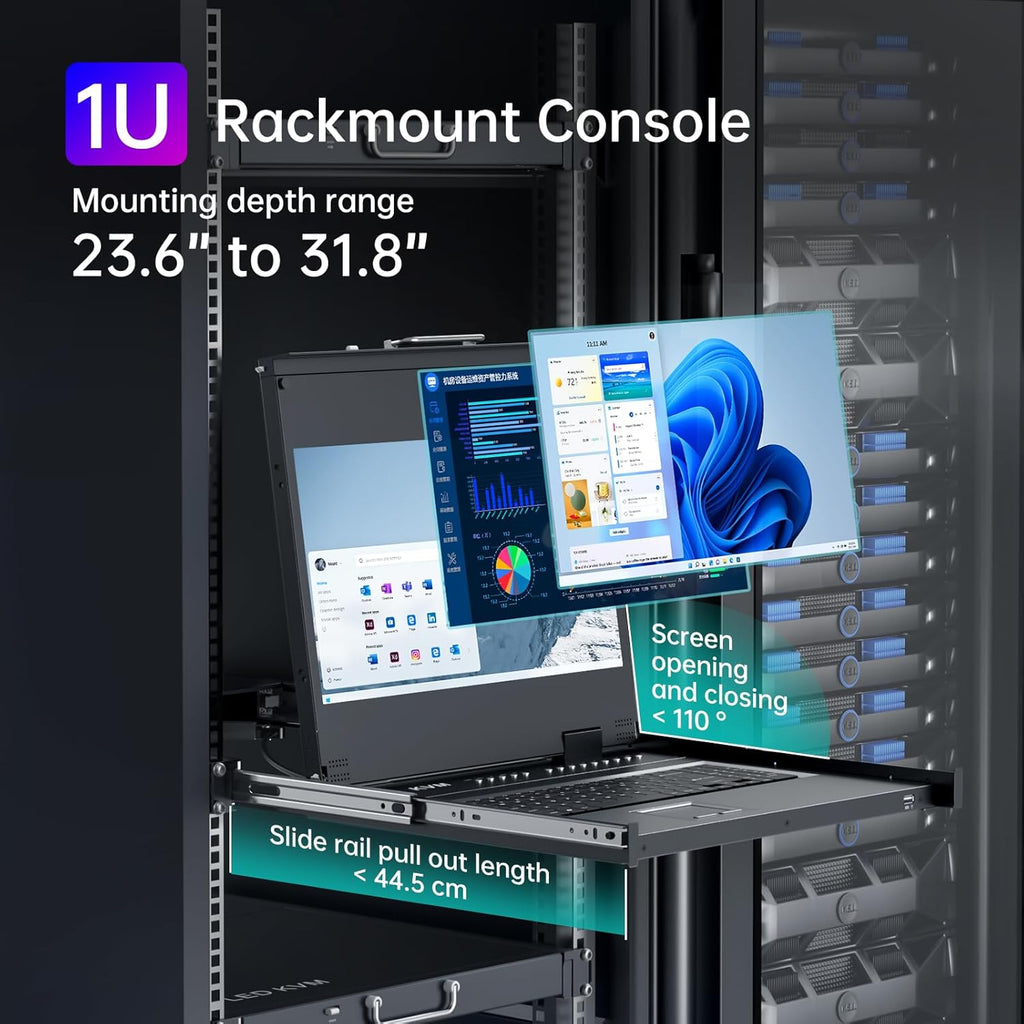 MT-VIKI® KVM - Soporte HDMI para rack con monitor LCD de 17.3 pulgadas, soporte OSD/Hotkey, incluye 8 cables KVM + teclado + panel táctil, compatible con rack de 1U de 19 pulgadas
