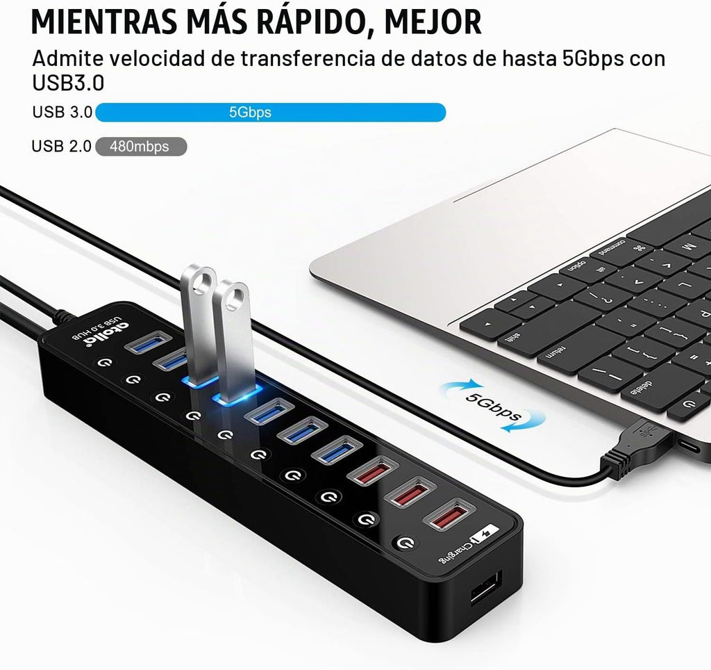 atolla, hub USB 3.0 de 11 puertos, alimentado, adaptador 12V/4A