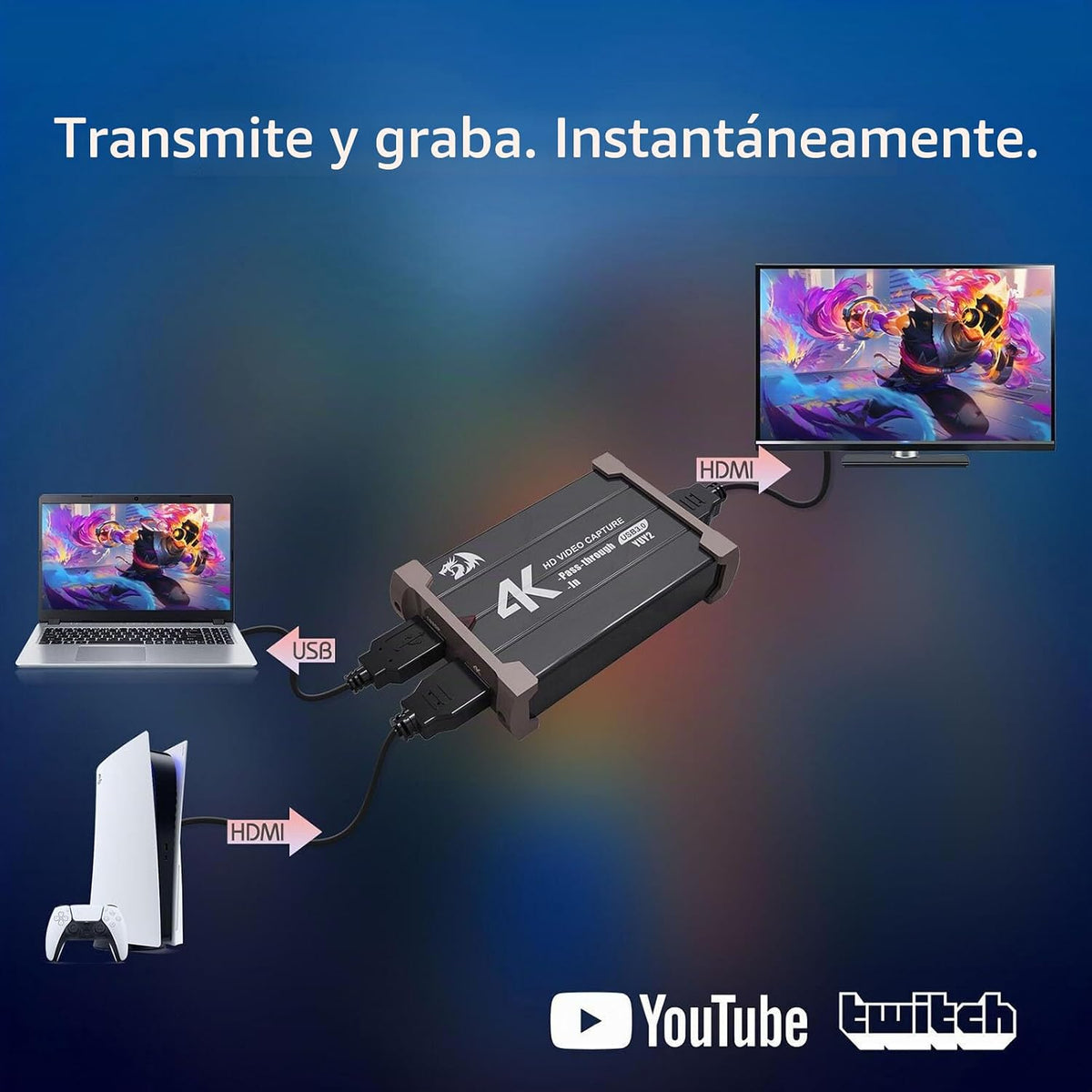 Redragon VC321 - Tarjeta de captura de video 4K, USB 3.0 1080p 60 fps captura de video, paso HDMI 4K, transmisión de latencia cero, compatible con Windows/Mac, captura de juegos para PS5, Xbox, NS