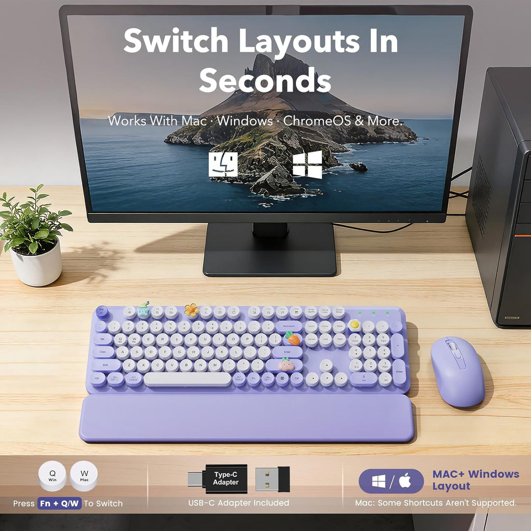 Combo de teclado y ratón inalámbricos, bonitas teclas redondas, tec...