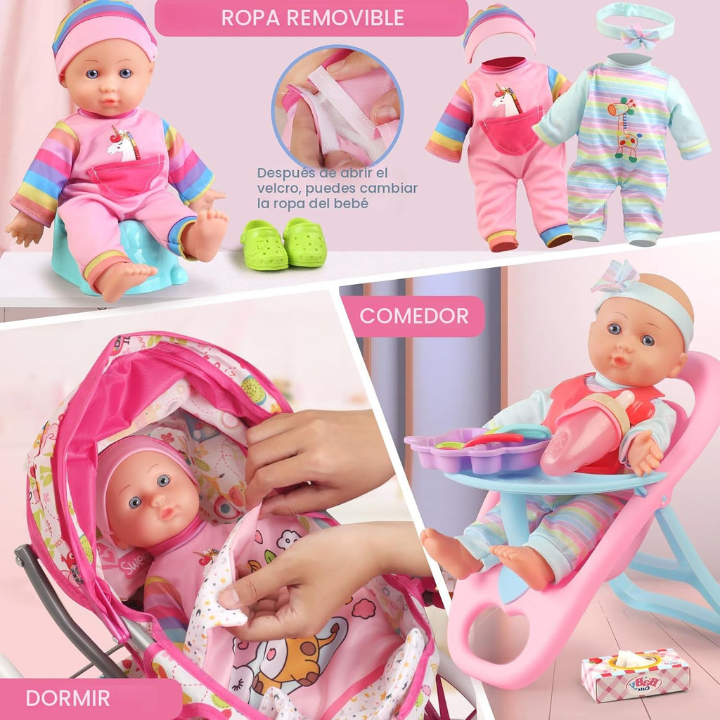 Juego de cochecito de muñeca de bebé para niñas con muñeca de bebé de 12.5 pulgadas, almohada acolchada, silla de comedor, 2 juegos de ropa de muñeca y 24 piezas de accesorios para muñecas, juguetes