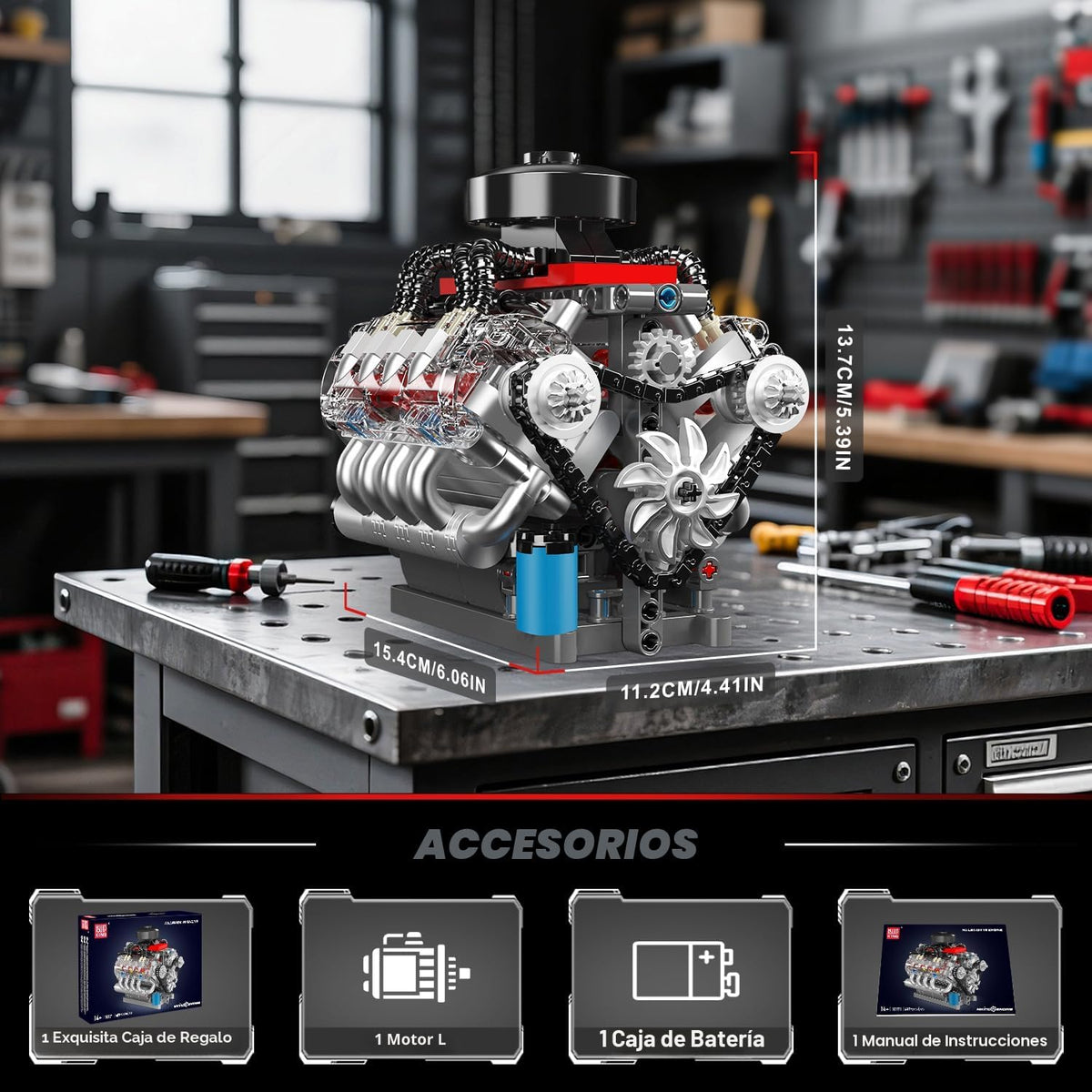 Mould King Kit de modelo de motor V8 10171, mini kits de motor V8 que funciona, construye tu propio motor de modelo de automóvil con motor, bloques de construcción coleccionables para adultos