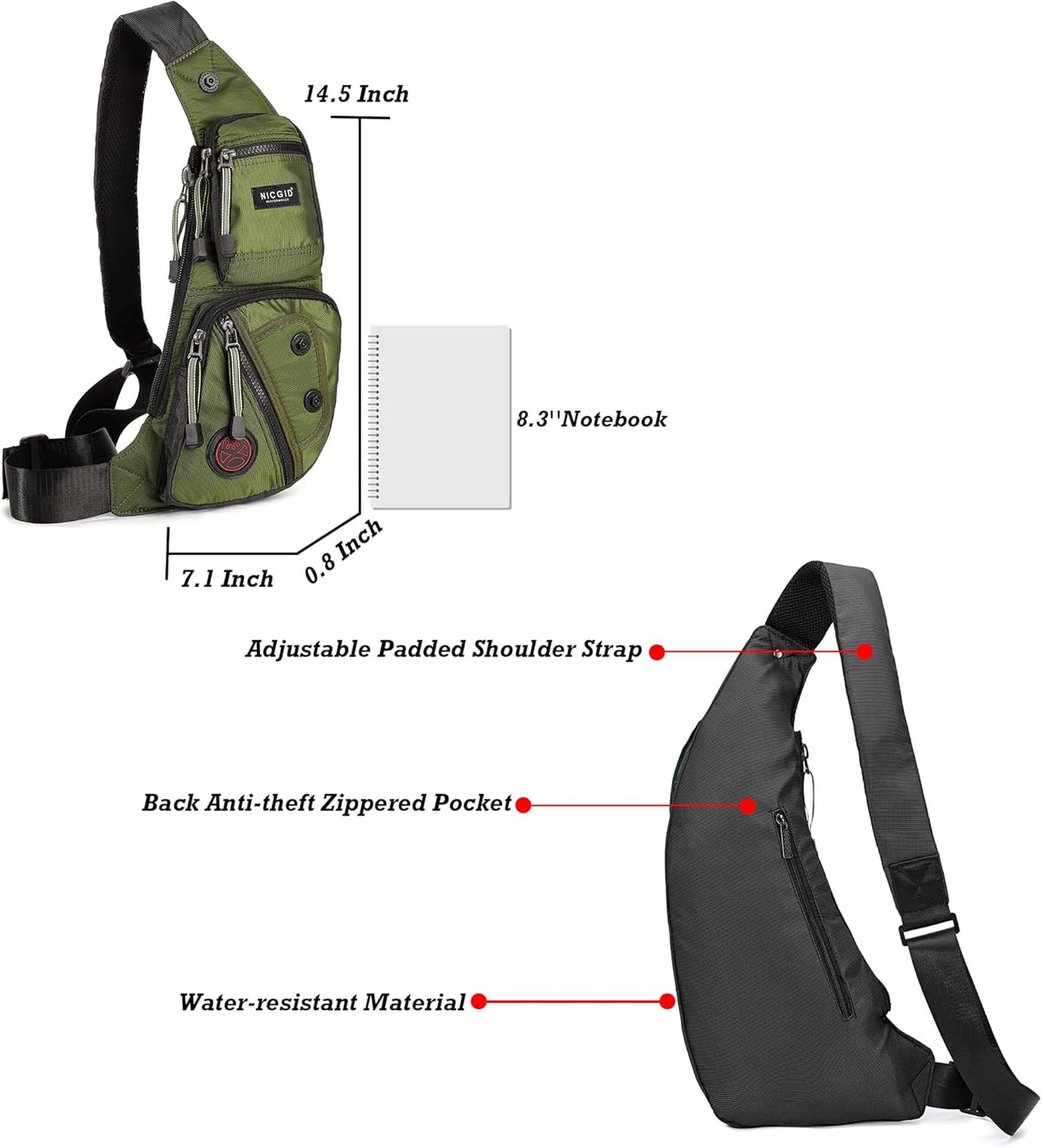 NICGID Bolso bandolera en el pecho, mochila de hombro, bolsa cruzada, mochila casual para hombres y mujeres, Verde militar, Viajes