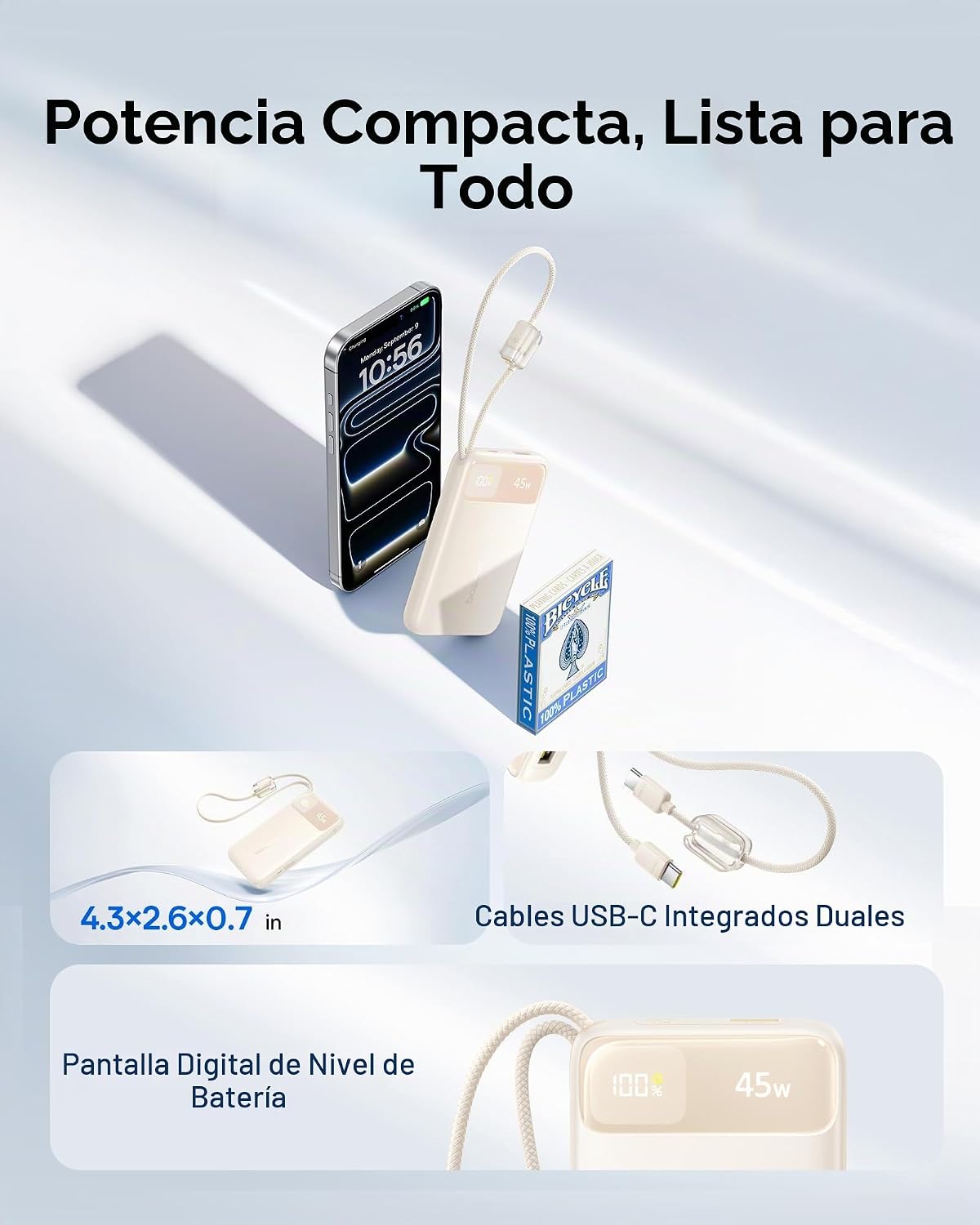 Baseus Banco de energía ultra delgado de 45 W, 10000 mAh, cables USB-C integrados, cargador portátil certificado CCC, esencial de viaje, carga rápida, tamaño de bolsillo, batería para iPhone 17 16