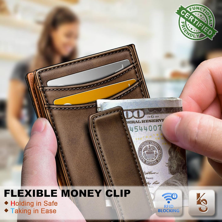 KEMISANT Billetera para hombre, delgada de cuero con clip para dine...