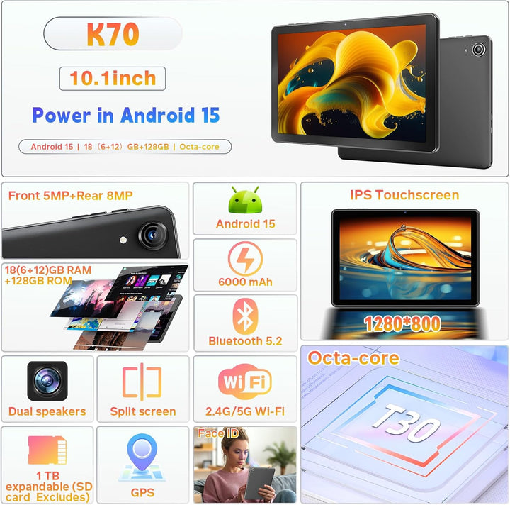 Tablet Android 15, tabletas de 10 pulgadas, 18 GB+128 GB, expansión...