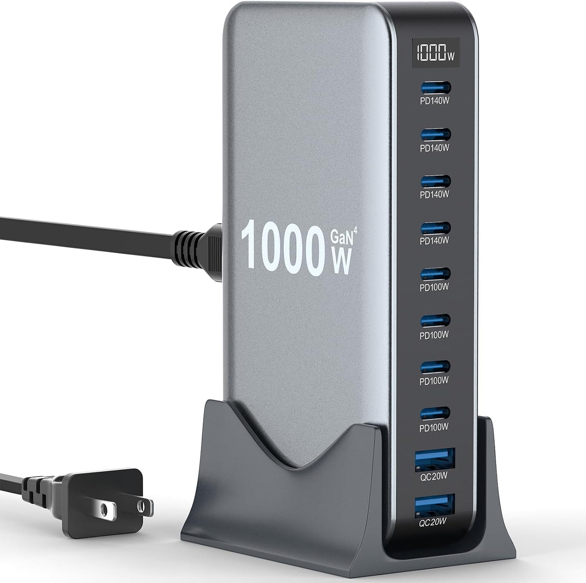 Bloque de carga rápida USB C de 1000 W, estación de carga USB de 10 puertos, puerto GaN Pro 140W PD PPS para múltiples dispositivos, cargador de pared para portátil compatible con DELL, HP, MacBook Pro, iPhone17/16 Pro, Galaxy S24.
