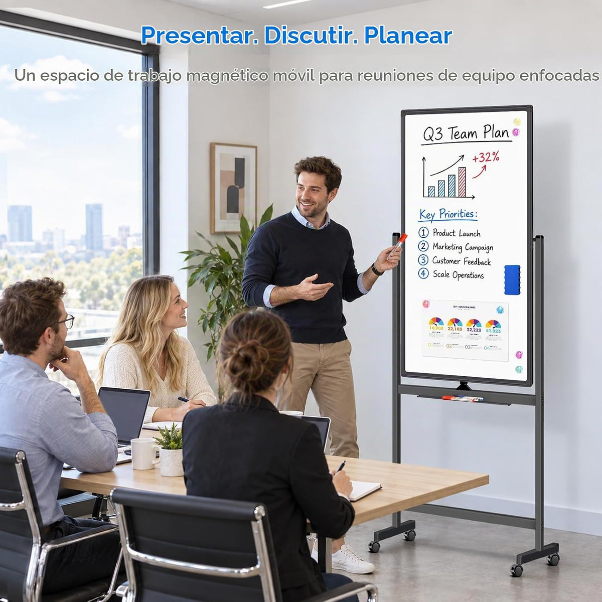 maxtek Pizarra Blanca Magnética Móvil, 40 x 24 Pizarra de Borrado en Seco de Doble Cara Rodante, Marco de Aluminio Pizarra de Pie sobre Ruedas para Oficina en Casa Aula (40 x 24 Negro)
