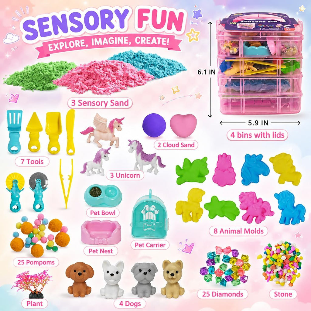 Cubo sensorial apilable, unicornio y juego de arena sensorial para mascotas