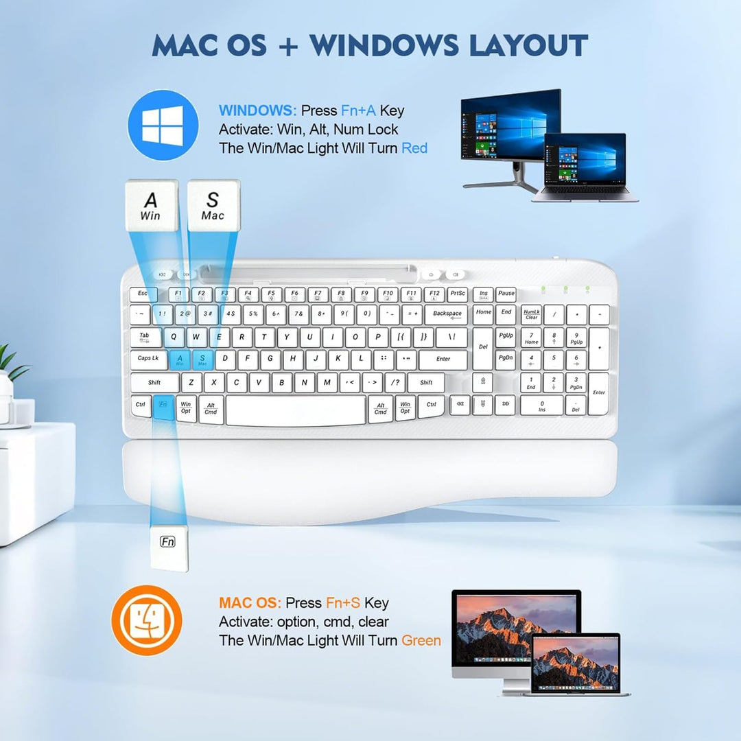 Teclado inalámbrico ergonómico con reposamuñecas acolchado, teclas...