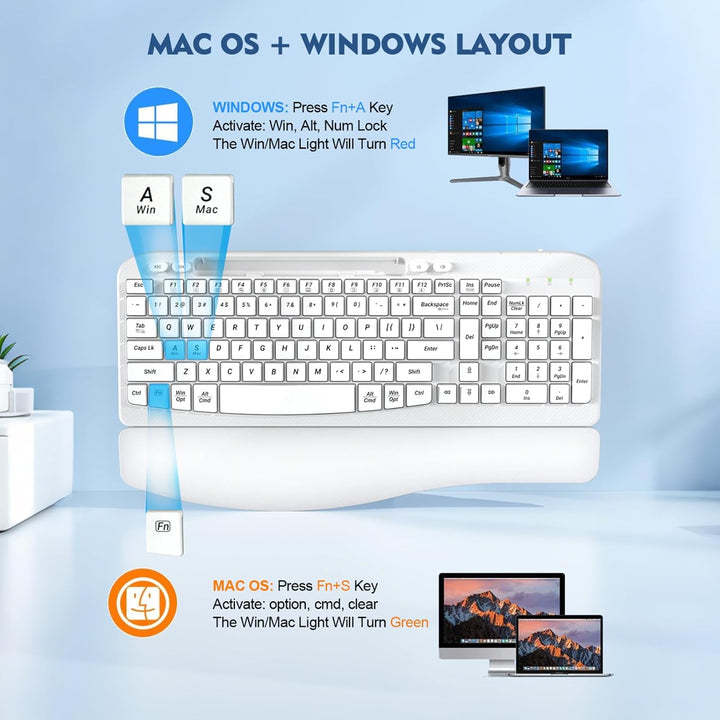 Teclado inalámbrico ergonómico con reposamuñecas acolchado, teclas...