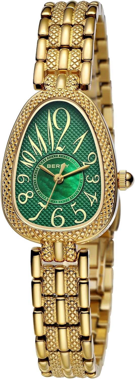 BERNY Relojes dorados para mujer, delicado reloj de pulsera para mujer, reloj vintage de la serie Serpiente, regalos de cumpleaños de lujo, movimiento de cuarzo japonés, todo acero inoxidable