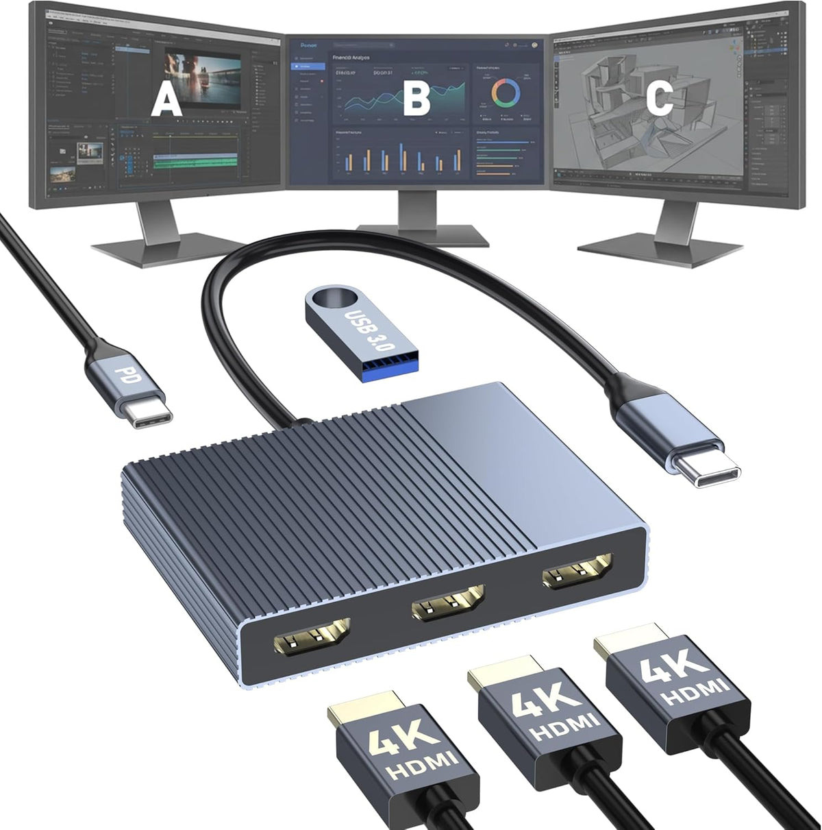 Adaptador USB C a 3 HDMI con PD 100W/USB3.0, 4K a 60Hz 3 vías HDMI Splitter Pantalla extendida para 3 monitores, estación de acoplamiento de monitor triple para laptop Dell/HP/Mac, concentrador SST