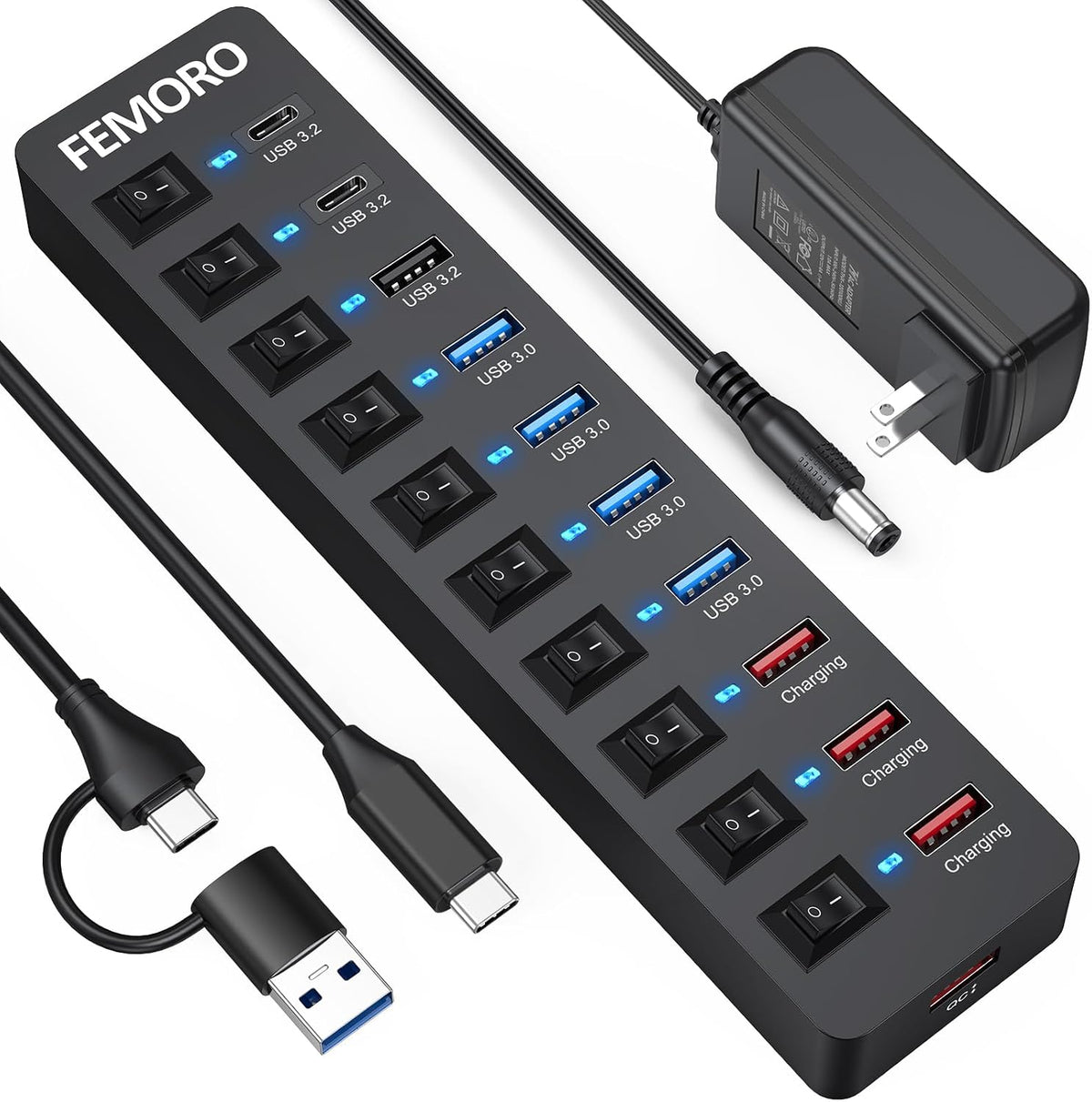 FEMORO, hub USB 3.2 de 11 puertos, alimentado, adaptador 12V/4A