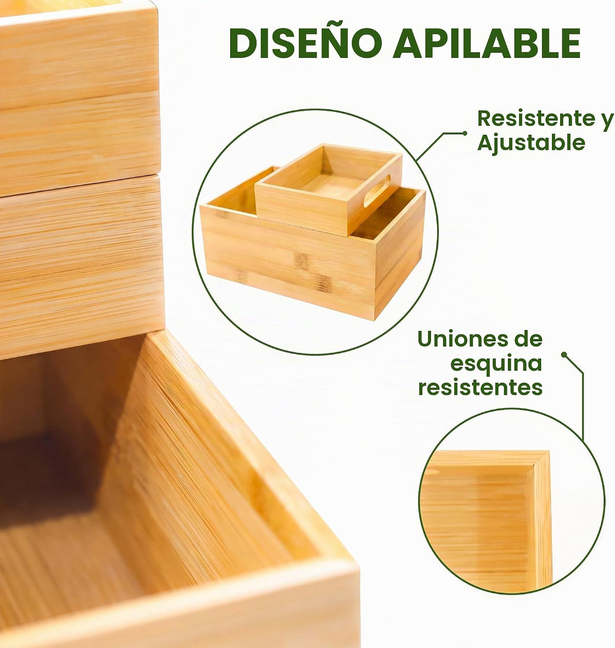 HOMESTEAD - Caja de almacenamiento apilable de bambú de 3 piezas, contenedor de almacenamiento grande, cajas de madera para cajones de maquillaje, baño, suministros de oficina, utensilios de cocina