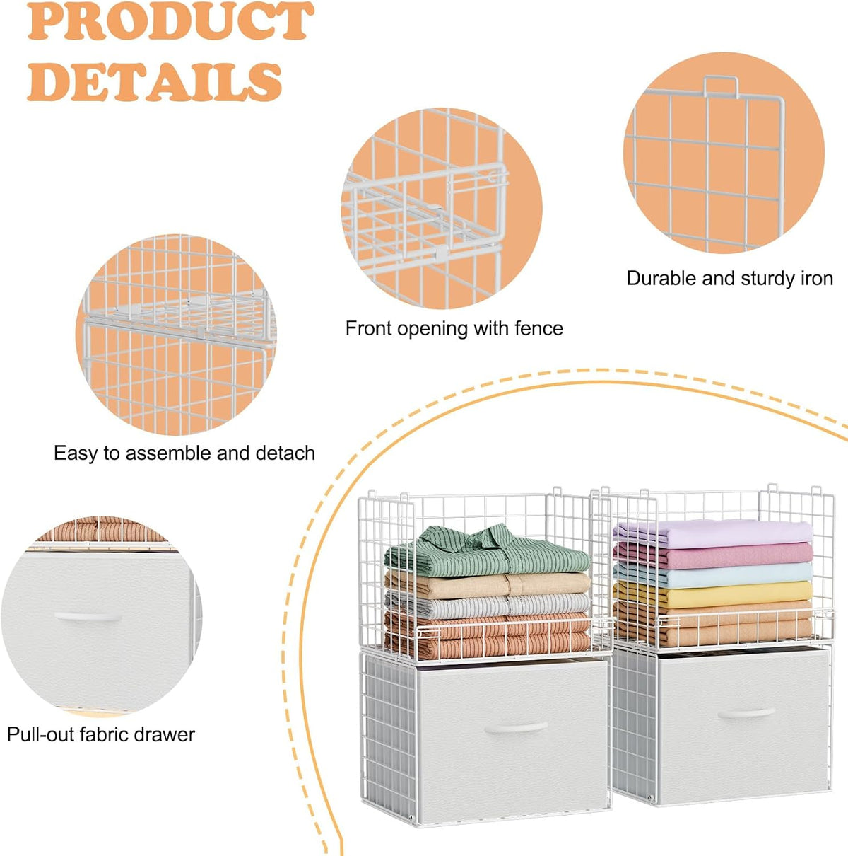 Organizadores de Closet apilables de 4 niveles con 2 cajones, Estante plegable para armario y estantes de almacenamiento, Cajones apilables para sistema organizador de closet, blanco(Patente en trámite)