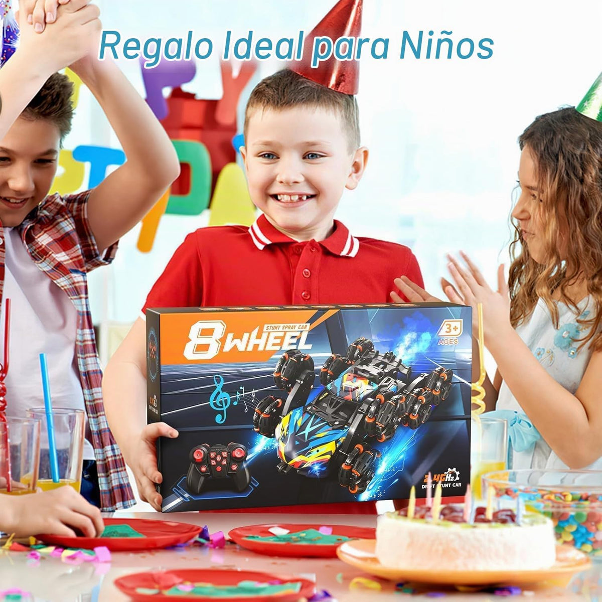 8WD - Coche de acrobacias de carretera con detección de gestos, autos de control remoto con luz LED, música y aerosol, juguetes de automóvil a control remoto de deriva regalos para niños y niñas de 6 a 12 años