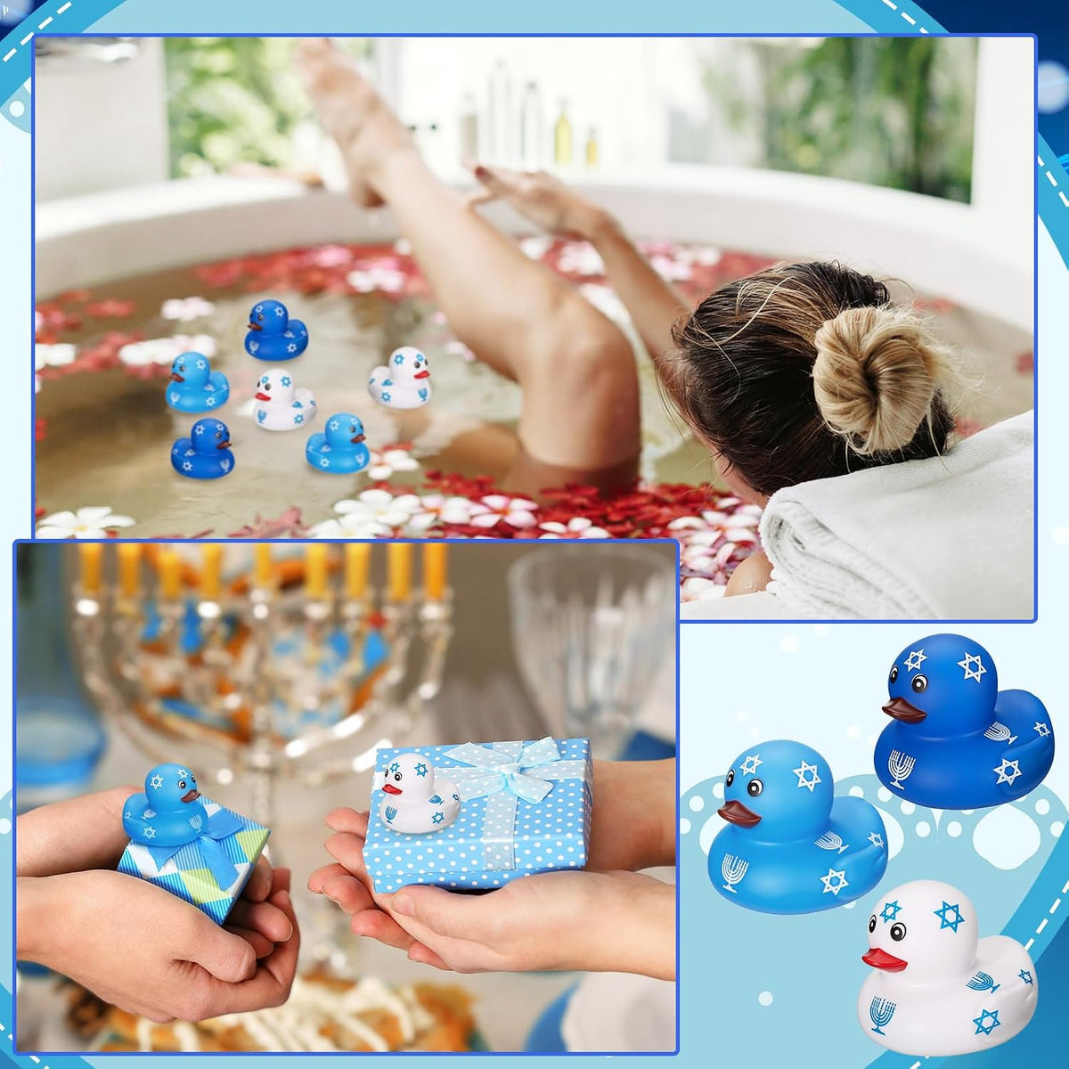Arrowbash 24 piezas de pato de goma de Hanukkah pequeño flotador de goma para Hanukkah fiesta de Acción de Gracias favor piscina, pato, tina de pato, bolsa de piscina, relleno de hexágrama, menorá