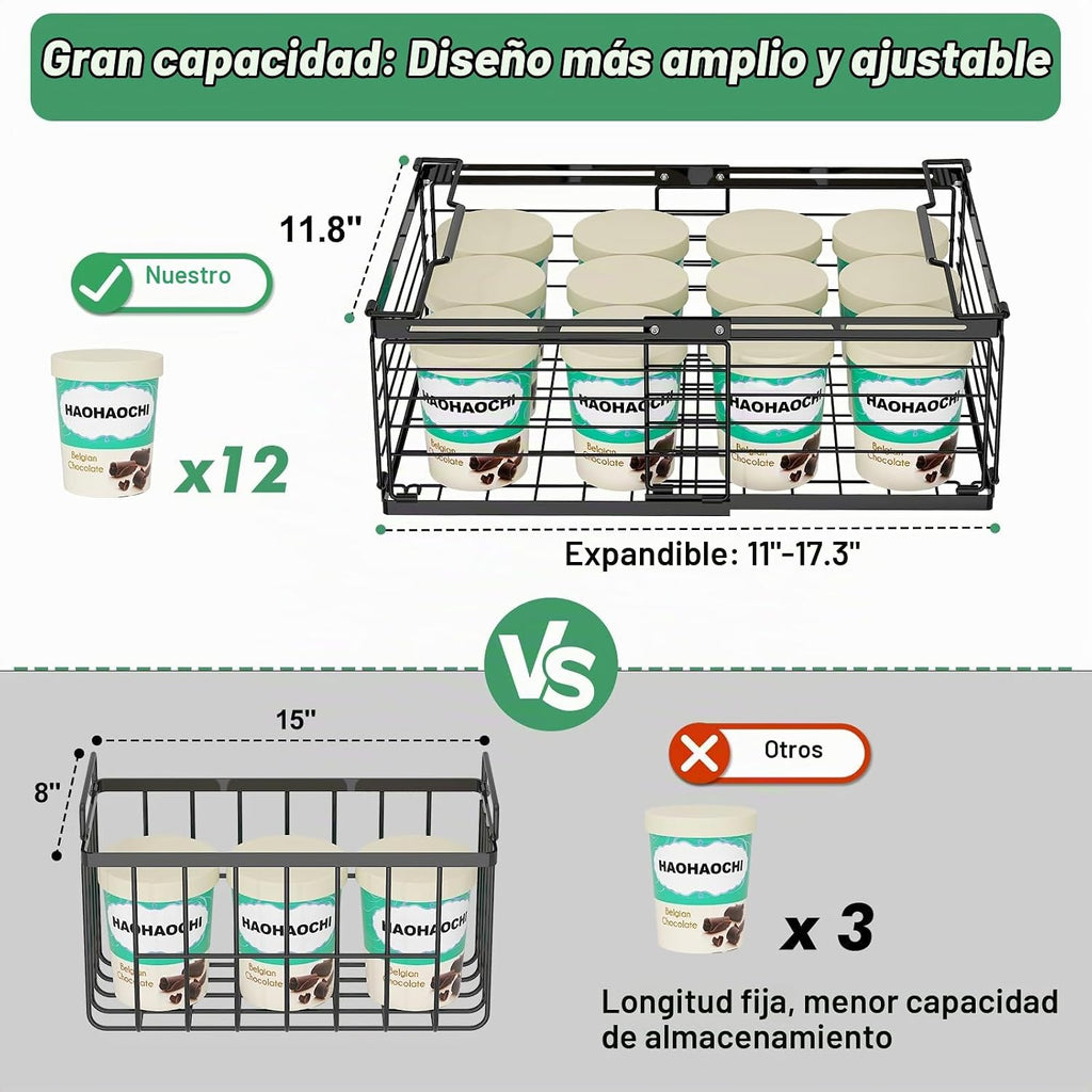 ADRIMER Contenedores organizadores para congelador, 4 paquetes plegables y apilables con longitud ajustable de 11 a 17.3 pulgadas, cestas de almacenamiento de alambre de metal para congelador vertical