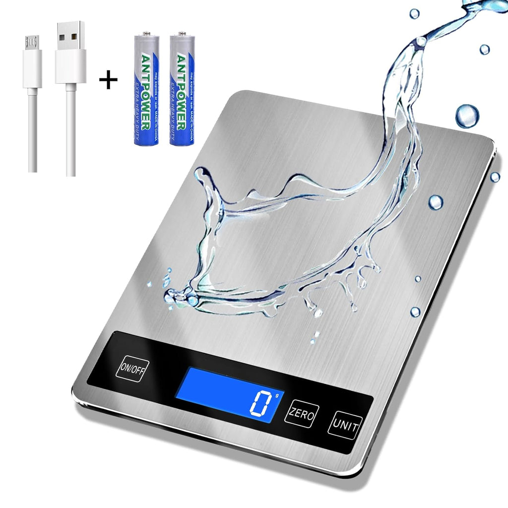 Báscula de alimentos de 33 libras, báscula digital de cocina con baterías y carga USB, graduación precisa de 1g/0.05oz, acero inoxidable impermeable con pantalla LCD, peso en gramos y onzas para