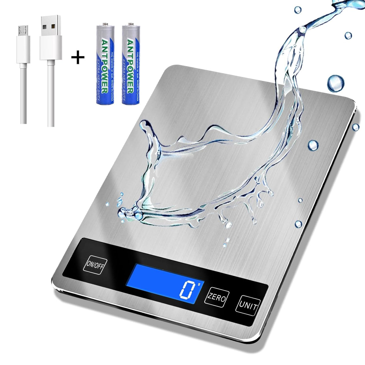 Báscula de alimentos de 33 libras, báscula digital de cocina con baterías y carga USB, graduación precisa de 1g/0.05oz, acero inoxidable impermeable con pantalla LCD, peso en gramos y onzas para