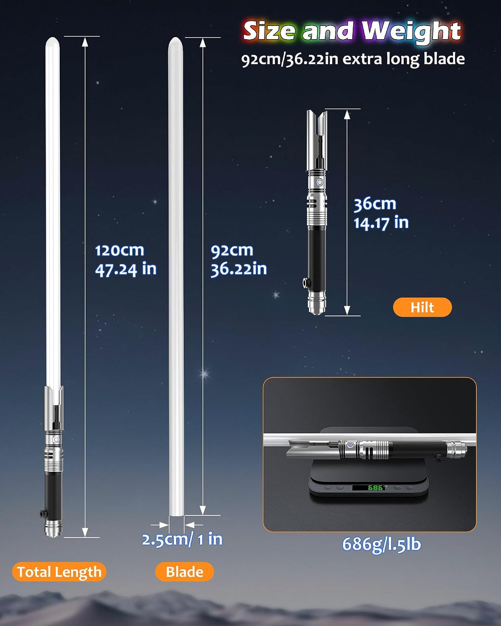 Sable de luz Cal para adultos, longitud de control de movimiento, 47.24 pulgadas, sables