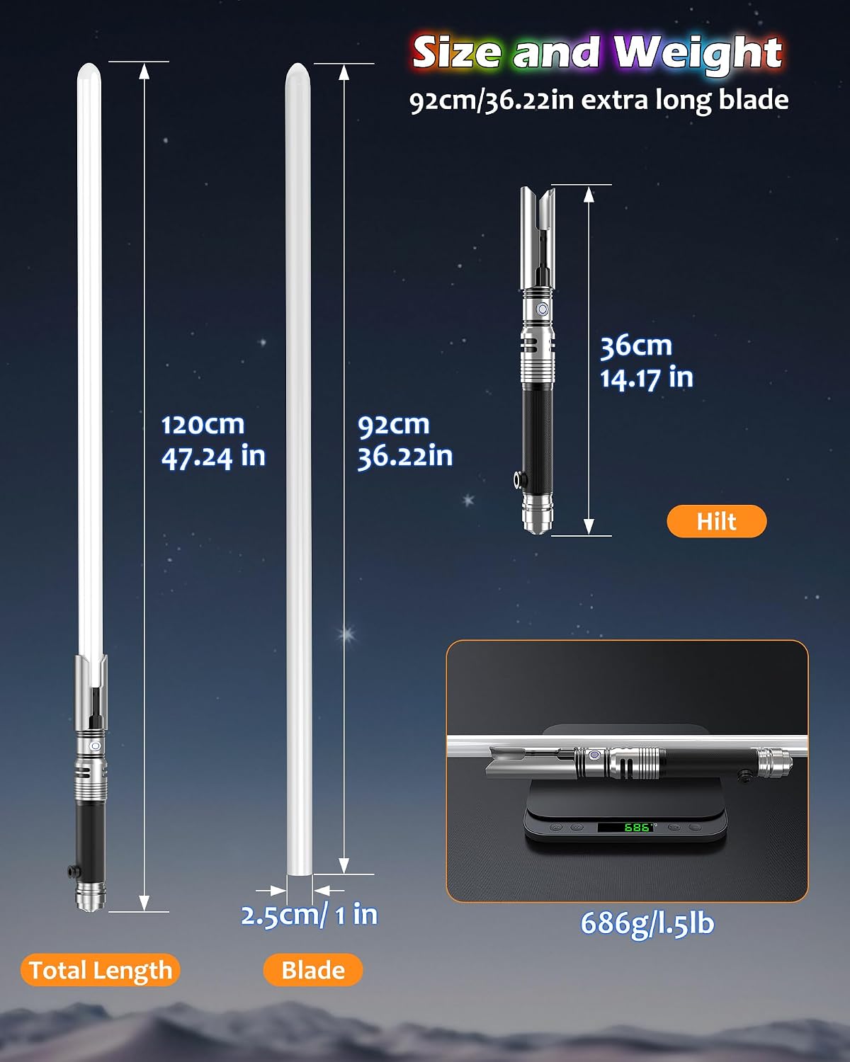 Sable de luz Cal para adultos, longitud de control de movimiento, 47.24 pulgadas, sables