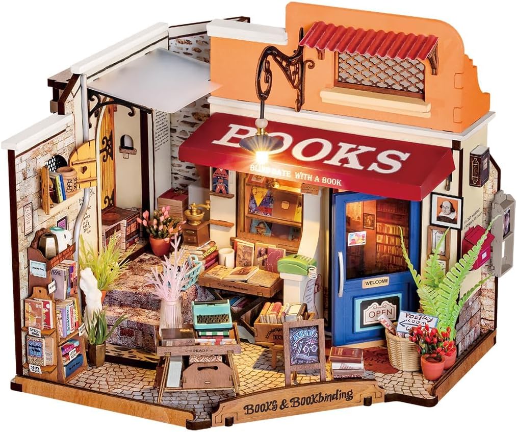 Rowood Kit de casa en miniatura, kit de construcción de mini casa para el día de la madre con LED, kits de manualidades de casa de muñecas para adultos, cumpleaños para mujeres a partir de 14 años (librería de esquina)