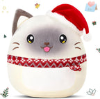 Athionsu - Almohada de felpa de gato de Navidad de 14 pulgadas con sombrero de Papá Noel, animal de peluche suave y tierno para decoración de Navidad y regalos, adorable almohada blanda para niños