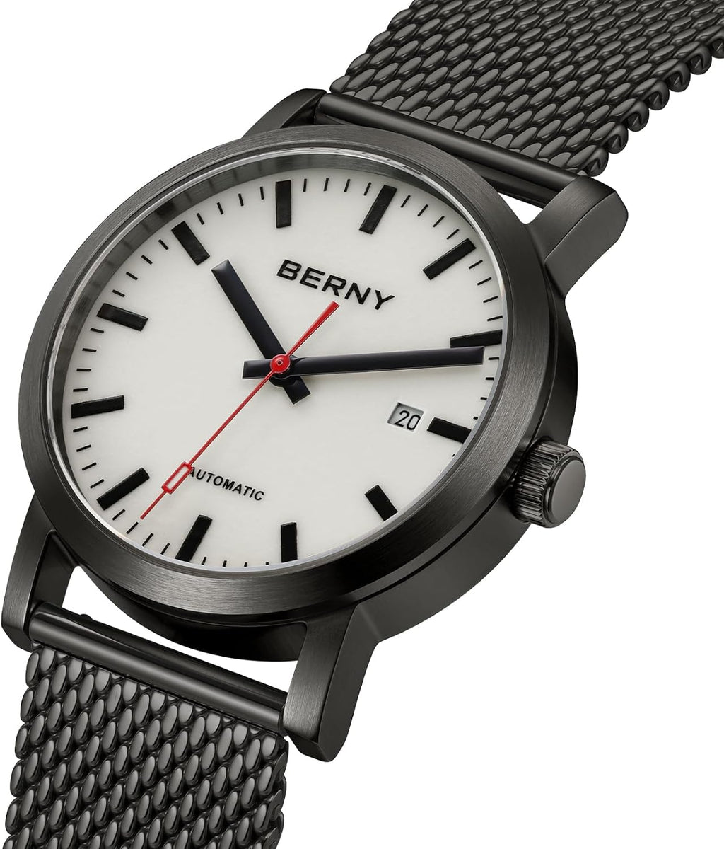 BERNY Reloj Automático Clásico para Hombre, Mecánico, Automático, Correa de Acero Inoxidable, Movimiento MIYOTA 8215, Resistente al Agua 5ATM, Esfera Completa Luminosa, Vidrio de Zafiro, Relojes de