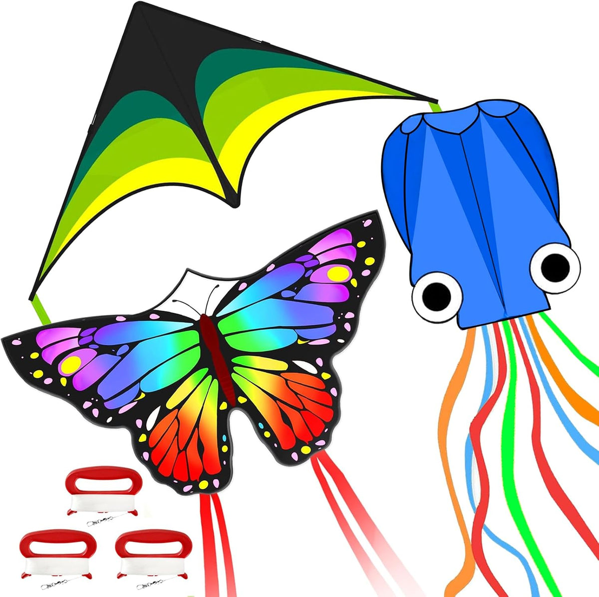 Mint's Colorful Life Paquete de 3 cometas para niños y adultos, fácil de volar, mariposa delta, pulpo, juego para principiantes, grandes cometas de playa para juegos y actividades al aire libre