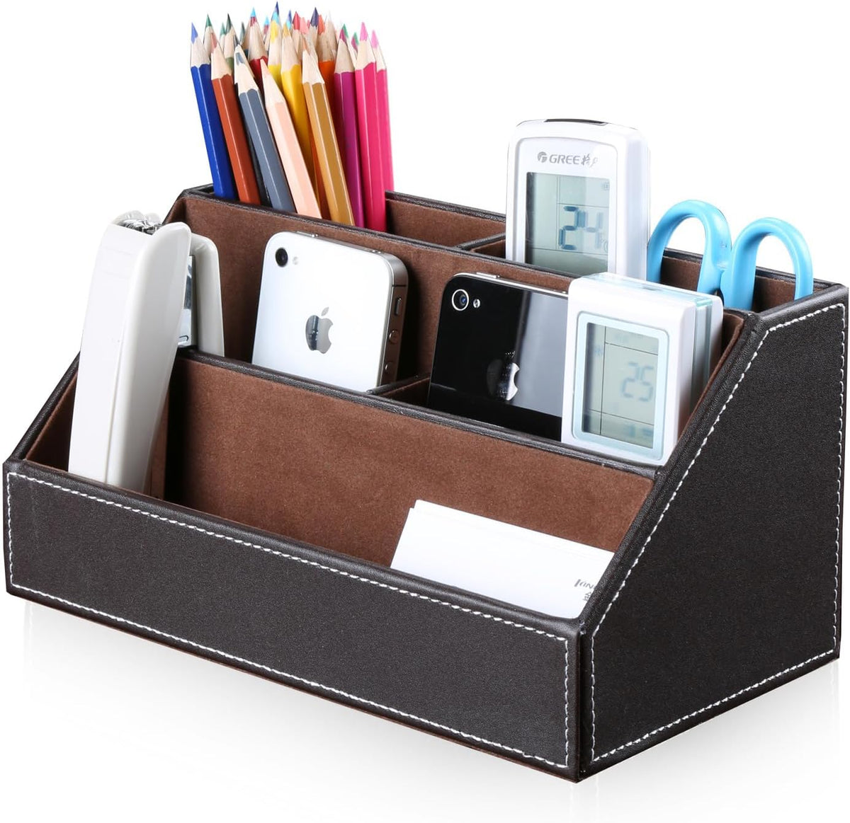 KINGFOM™ Caja de almacenamiento y organizador de papelería multifunción para escritorio; estructura de madera y piel para la oficina del hogar; organizador de lápices y lapiceras, teléfono celular, tarjetas de negocios, papeles para notas, control remoto