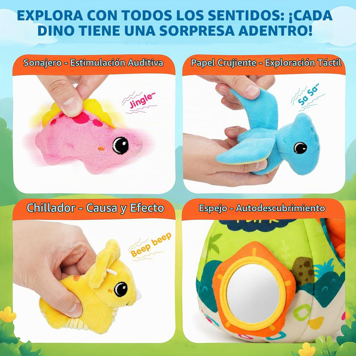 Juguete de peluche de dinosaurio para bebé con sonajero y espejo, a